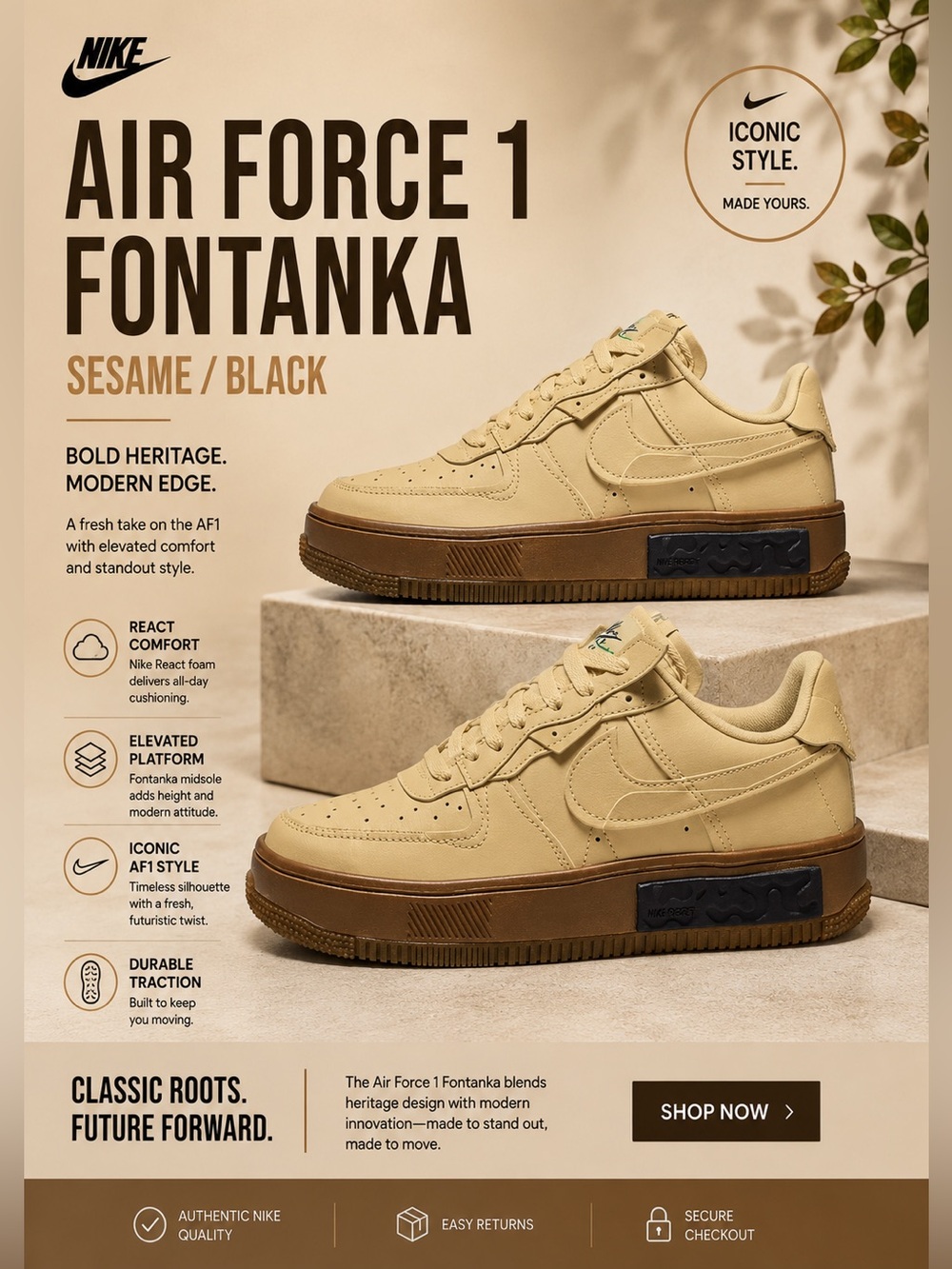 Nike Air Force 1 Fontanka Women’s Sneakers Sesame Black Platform AF1 Chunky